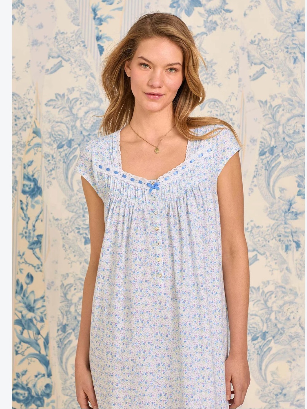 Eileen West Light Blue Cottage Core 100% Cotton Knit Nightgown
